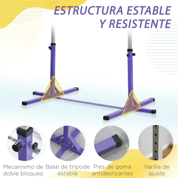 Barra de Gimnasia para Niños +3 Años Barra de Entrenamiento Altura Ajustable 92-150 cm Carga 75 kg 194x121x150cm Violeta - Imagen 7
