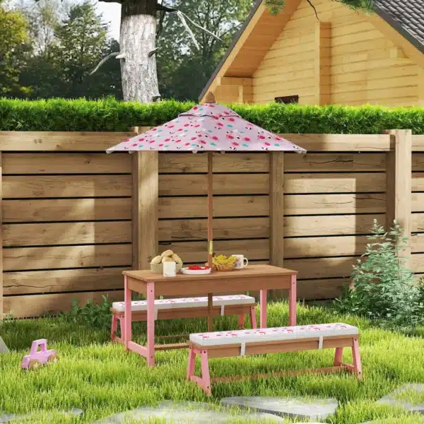 Mesa picnic infantil con bancos, cojines, parasol plegable, cajas de almacenamiento extraíbles, motivo de flamenco, rosa - Imagen 4