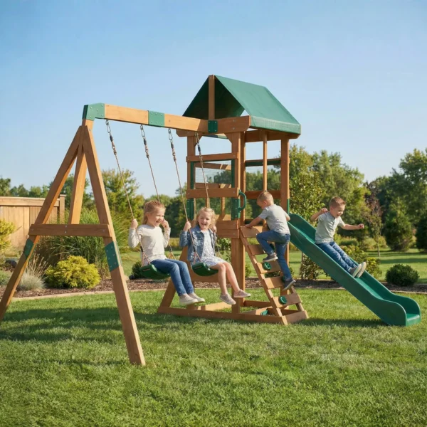 Torre de juego estructura de escalada de madera armazón con tobogán 2 columpios pared de escalada para 3-8 años 315x284x233 cm Verde - Imagen 6