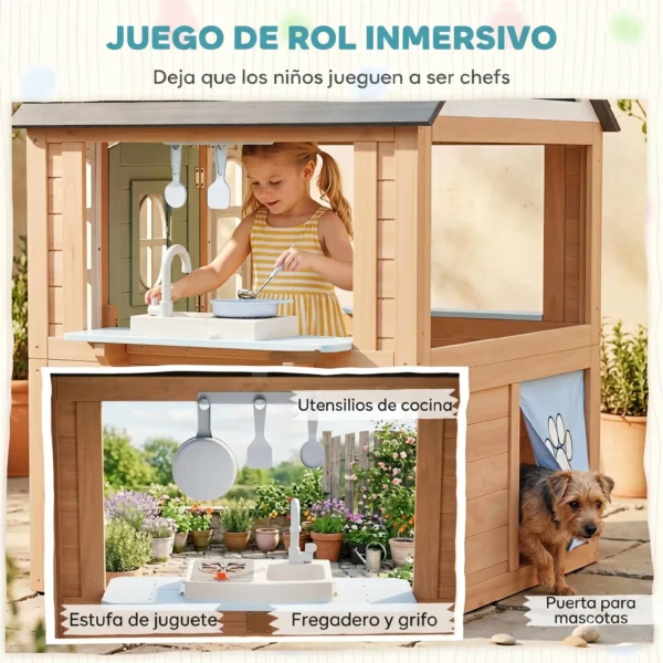 Casita Infantil Exterior e Interior de Madera con Puerta para Mascotas Cocina de Juguete Media Puerta Madera Natural - Imagen 9