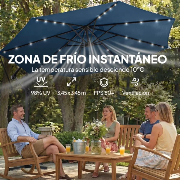 Parasol Excéntrico con Luces LED Solares Ø345 cm Sombrilla Jardín de Aluminio con Base Cruzada Manivela Funda Azul - Imagen 6