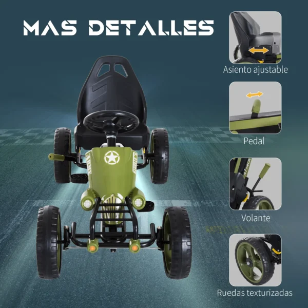 Go-Kart a Pedales para Niños de +3 Años Coche de Pedales con Embrague Freno Asiento Ajustable Carga Máx. 35 kg 105x54x61 cm Verde - Imagen 7