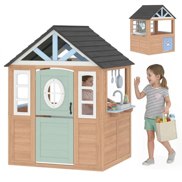 Casita Infantil Exterior e Interior de Madera con Puerta para Mascotas Cocina de Juguete Media Puerta Madera Natural - Imagen 2