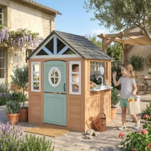 Casita Infantil Exterior e Interior de Madera con Puerta para Mascotas Cocina de Juguete Media Puerta Madera Natural