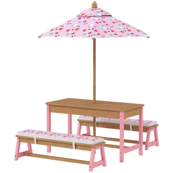 Mesa picnic infantil con bancos, cojines, parasol plegable, cajas de almacenamiento extraíbles, motivo de flamenco, rosa - Imagen 2