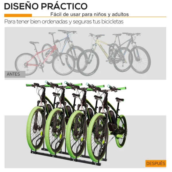 Aparcamiento para 4 Bicicletas Soporte de Acero para Aparcar Bicicletas en el Suelo o Pared 110x33x27 cm Negro/PLATA - Imagen 6