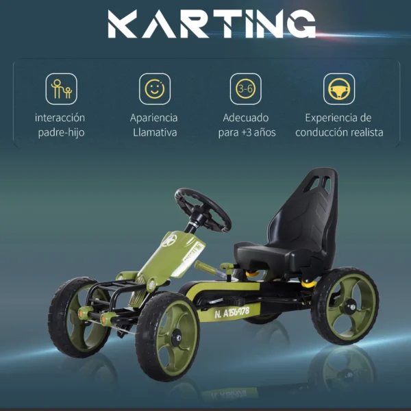 Go-Kart a Pedales para Niños de +3 Años Coche de Pedales con Embrague Freno Asiento Ajustable Carga Máx. 35 kg 105x54x61 cm Verde - Imagen 9