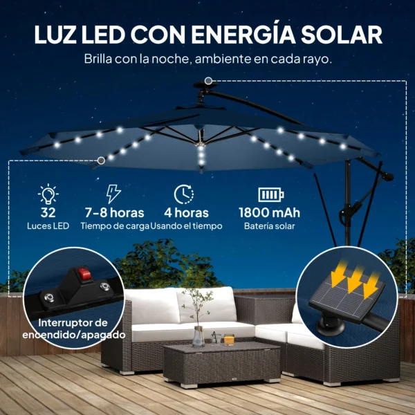 Parasol Excéntrico con Luces LED Solares Ø345 cm Sombrilla Jardín de Aluminio con Base Cruzada Manivela Funda Azul - Imagen 9