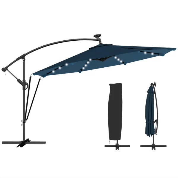 Parasol Excéntrico con Luces LED Solares Ø345 cm Sombrilla Jardín de Aluminio con Base Cruzada Manivela Funda Azul - Imagen 3
