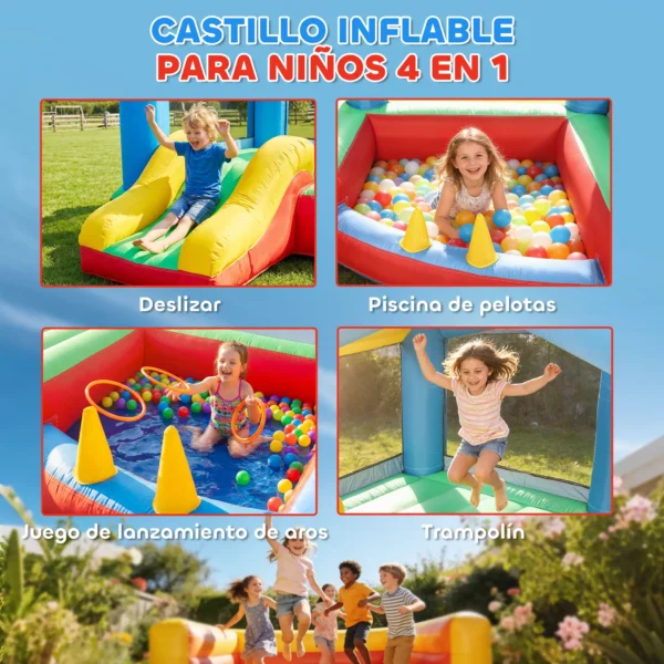 Castillo Hinchable para Niños con Soplador Tobogán Cama Elástica Piscina de Pelotas Juego de Aros Toldo - Imagen 9