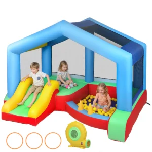 Castillo Hinchable para Niños con Soplador Tobogán Cama Elástica Piscina de Pelotas Juego de Aros Toldo