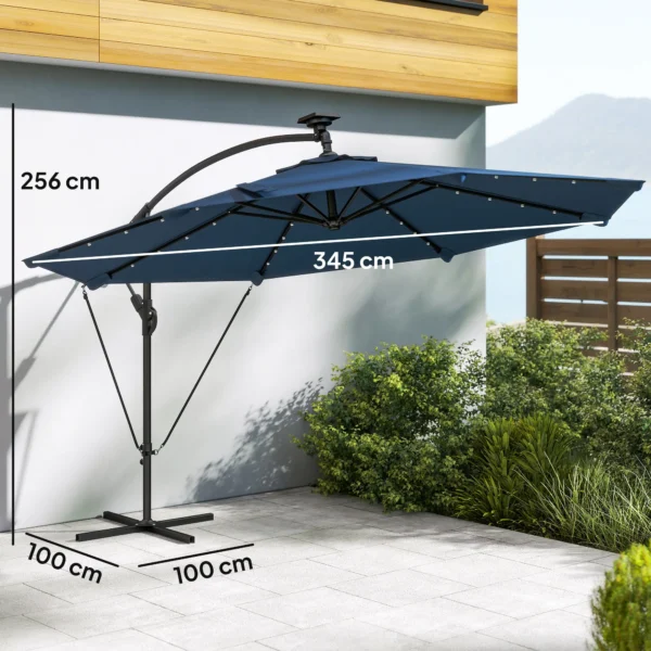 Parasol Excéntrico con Luces LED Solares Ø345 cm Sombrilla Jardín de Aluminio con Base Cruzada Manivela Funda Azul - Imagen 10