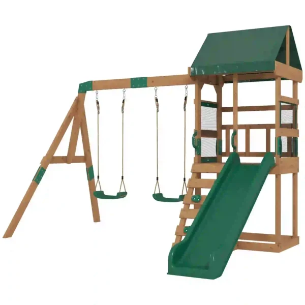 Torre de juego estructura de escalada de madera armazón con tobogán 2 columpios pared de escalada para 3-8 años 315x284x233 cm Verde - Imagen 2