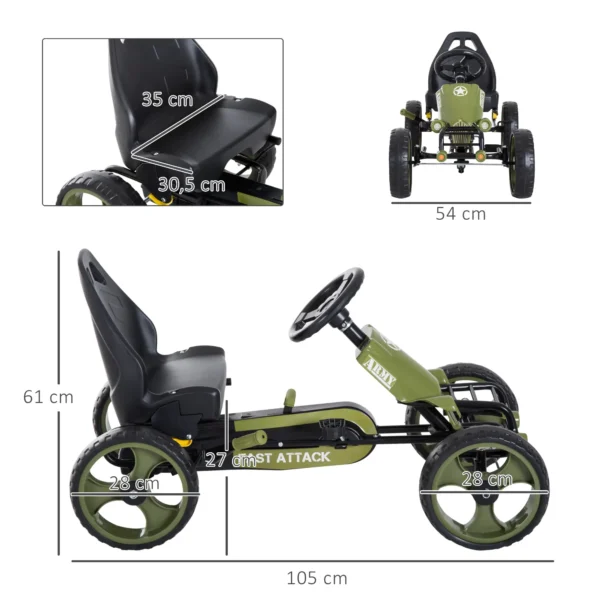 Go-Kart a Pedales para Niños de +3 Años Coche de Pedales con Embrague Freno Asiento Ajustable Carga Máx. 35 kg 105x54x61 cm Verde - Imagen 10