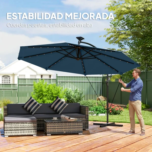 Parasol Excéntrico con Luces LED Solares Ø345 cm Sombrilla Jardín de Aluminio con Base Cruzada Manivela Funda Azul - Imagen 7