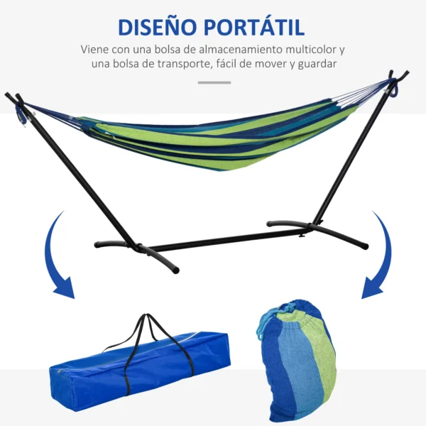 Hamaca con Soporte 310x117 cm para Camping con Altura Ajustable y Bolsa de Transporte Carga 120 kg Rayas Verdes y Azules - Imagen 6