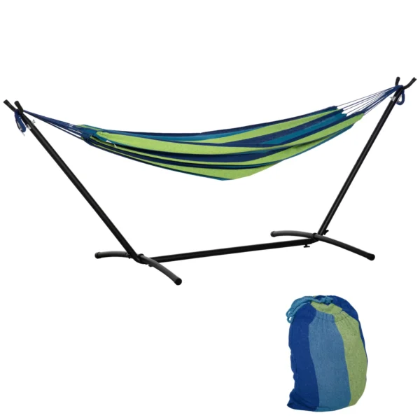 Hamaca con Soporte 310x117 cm para Camping con Altura Ajustable y Bolsa de Transporte Carga 120 kg Rayas Verdes y Azules - Imagen 8