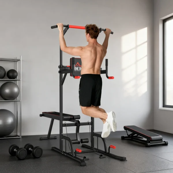 Torre Entrenamiento Energía Power Tower Estación Pull Up Multifuncional Ajustable en Altura con Banco Plegable Barra de Dominadas para Fitness 220x98x181-229 cm Negro - Imagen 12