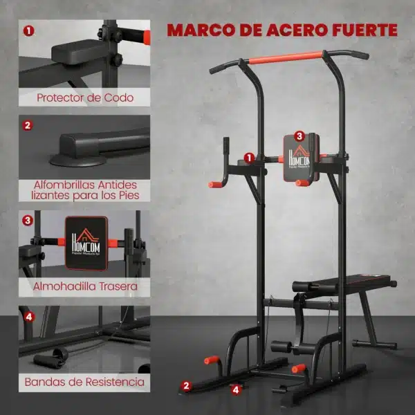 Torre Entrenamiento Energía Power Tower Estación Pull Up Multifuncional Ajustable en Altura con Banco Plegable Barra de Dominadas para Fitness 220x98x181-229 cm Negro - Imagen 7