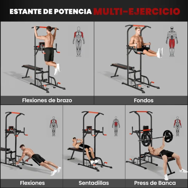 Torre Entrenamiento Energía Power Tower Estación Pull Up Multifuncional Ajustable en Altura con Banco Plegable Barra de Dominadas para Fitness 220x98x181-229 cm Negro - Imagen 10