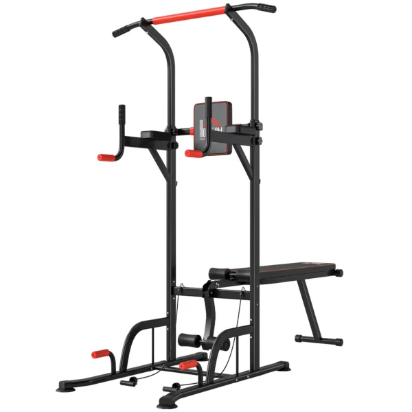 Torre Entrenamiento Energía Power Tower Estación Pull Up Multifuncional Ajustable en Altura con Banco Plegable Barra de Dominadas para Fitness 220x98x181-229 cm Negro