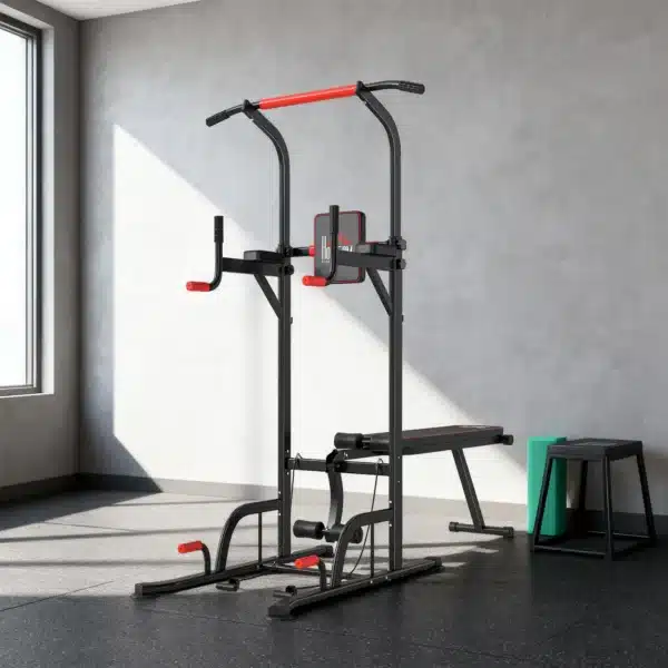 Torre Entrenamiento Energía Power Tower Estación Pull Up Multifuncional Ajustable en Altura con Banco Plegable Barra de Dominadas para Fitness 220x98x181-229 cm Negro - Imagen 5