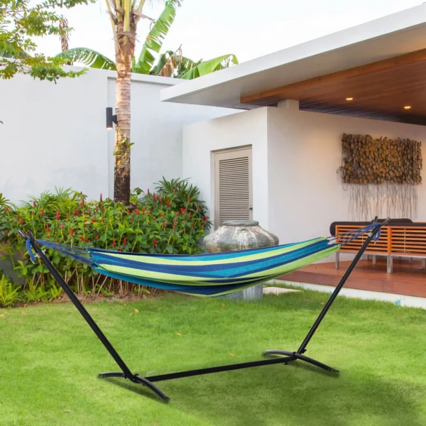 Hamaca con Soporte 310x117 cm para Camping con Altura Ajustable y Bolsa de Transporte Carga 120 kg Rayas Verdes y Azules - Imagen 2