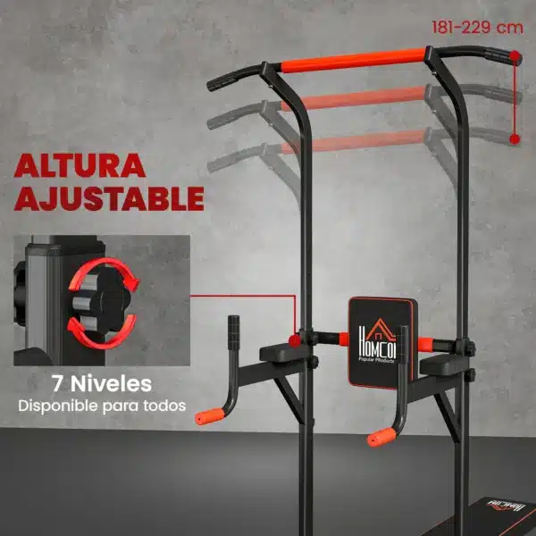 Torre Entrenamiento Energía Power Tower Estación Pull Up Multifuncional Ajustable en Altura con Banco Plegable Barra de Dominadas para Fitness 220x98x181-229 cm Negro - Imagen 9
