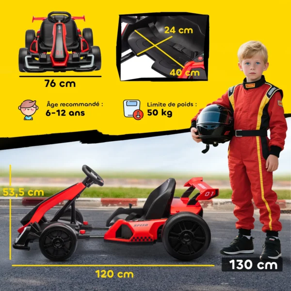 Kart eléctrico para niños motor 2 x 150W batería 24 V 120 x 76 x 53,5 cm rojo - Imagen 7