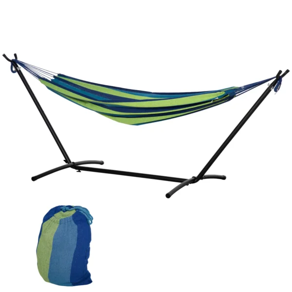 Hamaca con Soporte 310x117 cm para Camping con Altura Ajustable y Bolsa de Transporte Carga 120 kg Rayas Verdes y Azules - Imagen 9