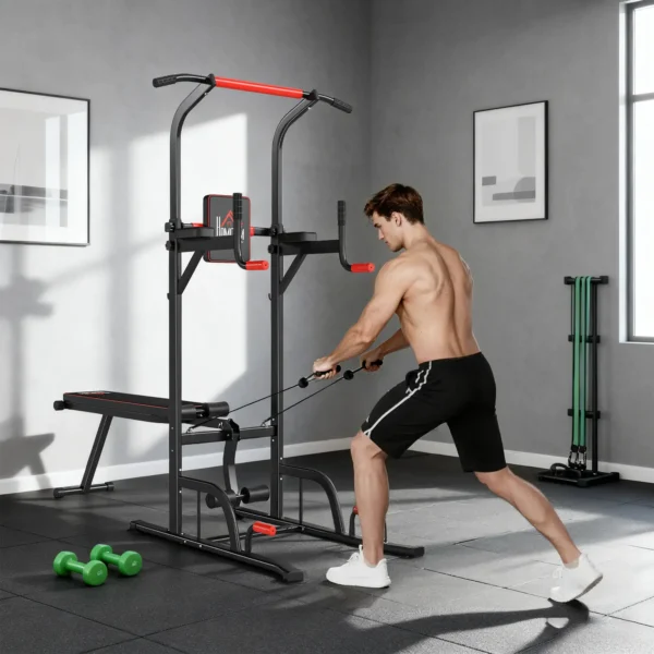 Torre Entrenamiento Energía Power Tower Estación Pull Up Multifuncional Ajustable en Altura con Banco Plegable Barra de Dominadas para Fitness 220x98x181-229 cm Negro - Imagen 6
