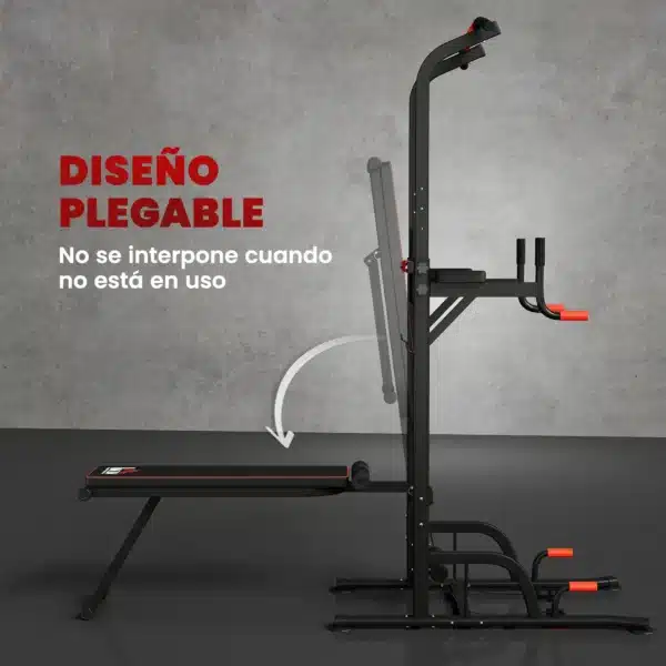 Torre Entrenamiento Energía Power Tower Estación Pull Up Multifuncional Ajustable en Altura con Banco Plegable Barra de Dominadas para Fitness 220x98x181-229 cm Negro - Imagen 8