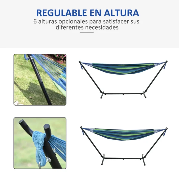 Hamaca con Soporte 310x117 cm para Camping con Altura Ajustable y Bolsa de Transporte Carga 120 kg Rayas Verdes y Azules - Imagen 4