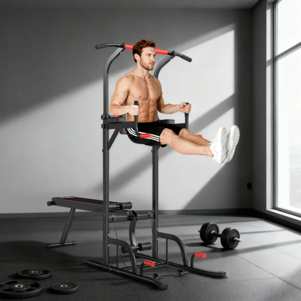 Torre Entrenamiento Energía Power Tower Estación Pull Up Multifuncional Ajustable en Altura con Banco Plegable Barra de Dominadas para Fitness 220x98x181-229 cm Negro - Imagen 4