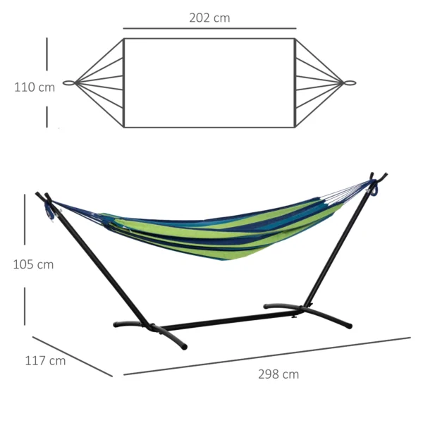 Hamaca con Soporte 310x117 cm para Camping con Altura Ajustable y Bolsa de Transporte Carga 120 kg Rayas Verdes y Azules - Imagen 3