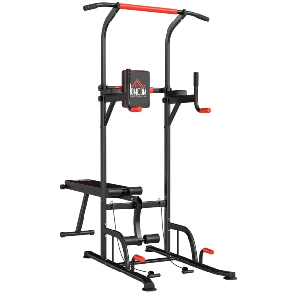 Torre Entrenamiento Energía Power Tower Estación Pull Up Multifuncional Ajustable en Altura con Banco Plegable Barra de Dominadas para Fitness 220x98x181-229 cm Negro - Imagen 3