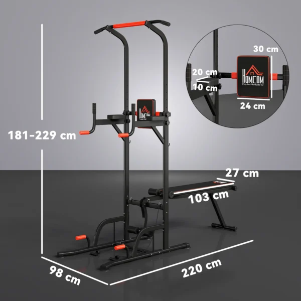 Torre Entrenamiento Energía Power Tower Estación Pull Up Multifuncional Ajustable en Altura con Banco Plegable Barra de Dominadas para Fitness 220x98x181-229 cm Negro - Imagen 11