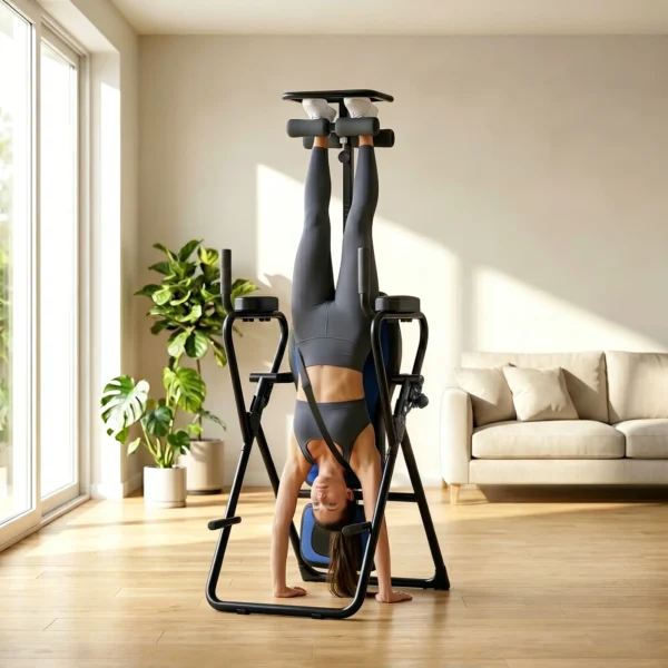 Tabla de Inversión Plegable con Dominadas y Flexiones Altura Ajustable 155-198 cm Ángulos 20° 40° 60° Cinturón Azul - Imagen 5