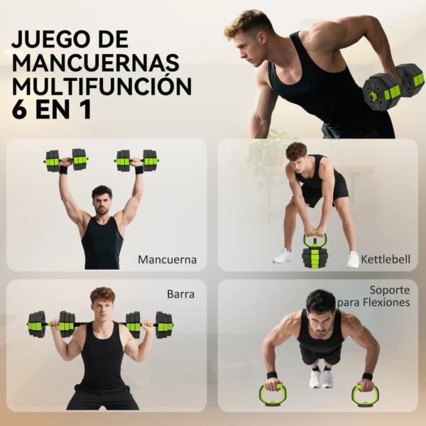 Juego de Mancuernas Ajustables 25 kg 6 en 1 como Kettlebell Barra Mancuernas Soporte para Flexiones para Gimnasio Casa - Imagen 9