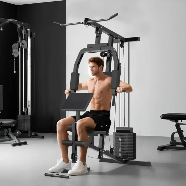 Multiestación Máquina de Musculación con Estribo para Piernas Poleas y Placas de Peso de 45 kg para Entrenamiento Fitness en Hogar Gimnasio 148x108x207 cm Negro